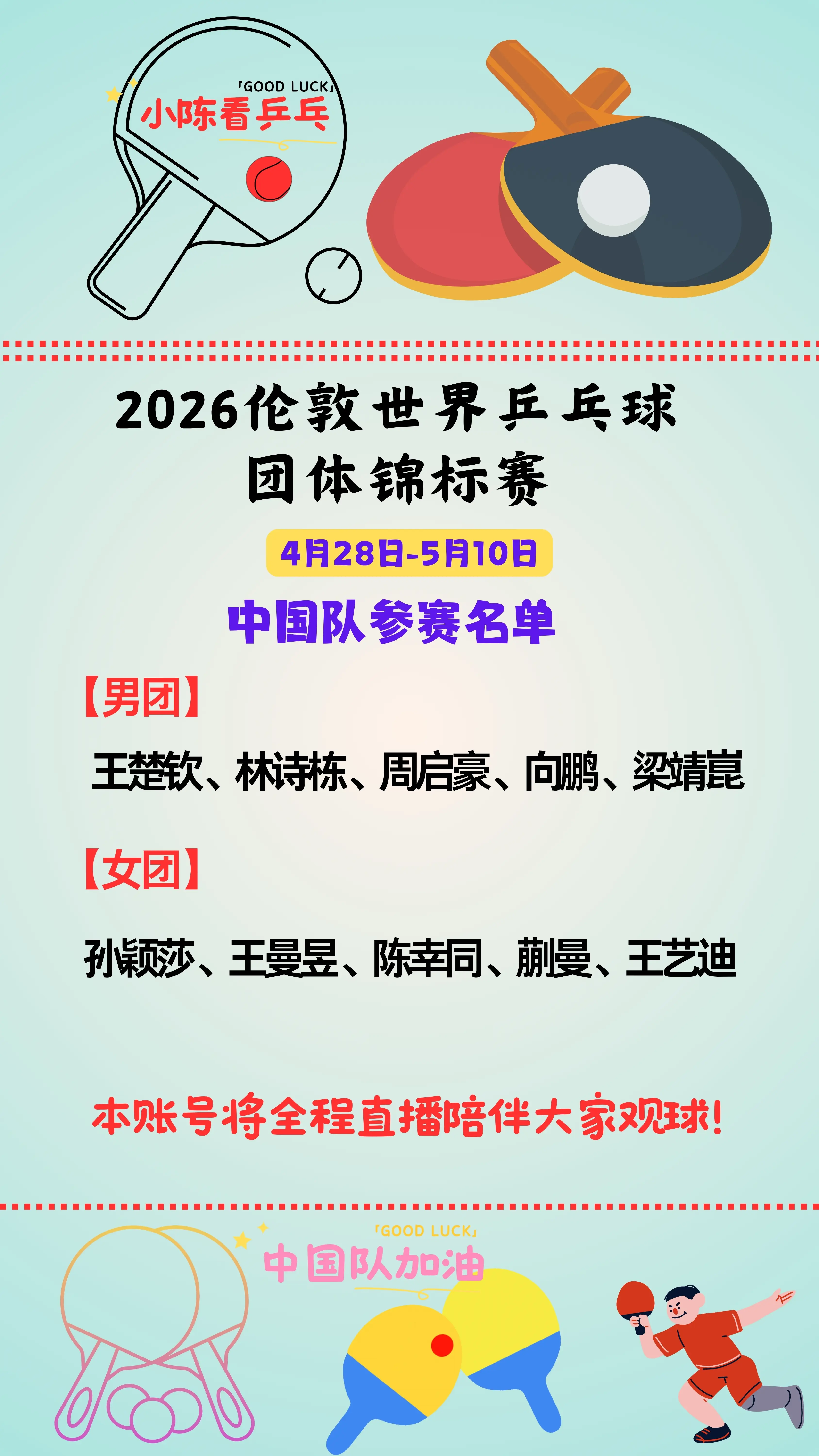 2026伦敦团体世乒赛中国队参赛名单公布。2026伦敦世界乒乓球团体锦...