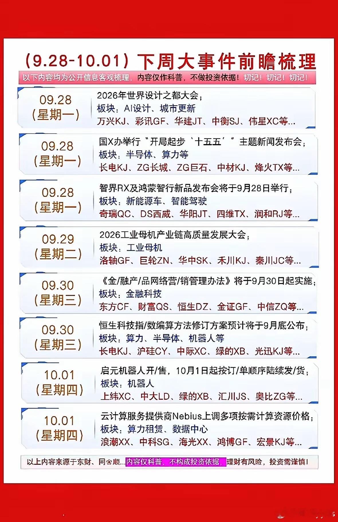 9月28日盘前周末前要关注的重要事件提醒A股下周重点事件一览 ​​​