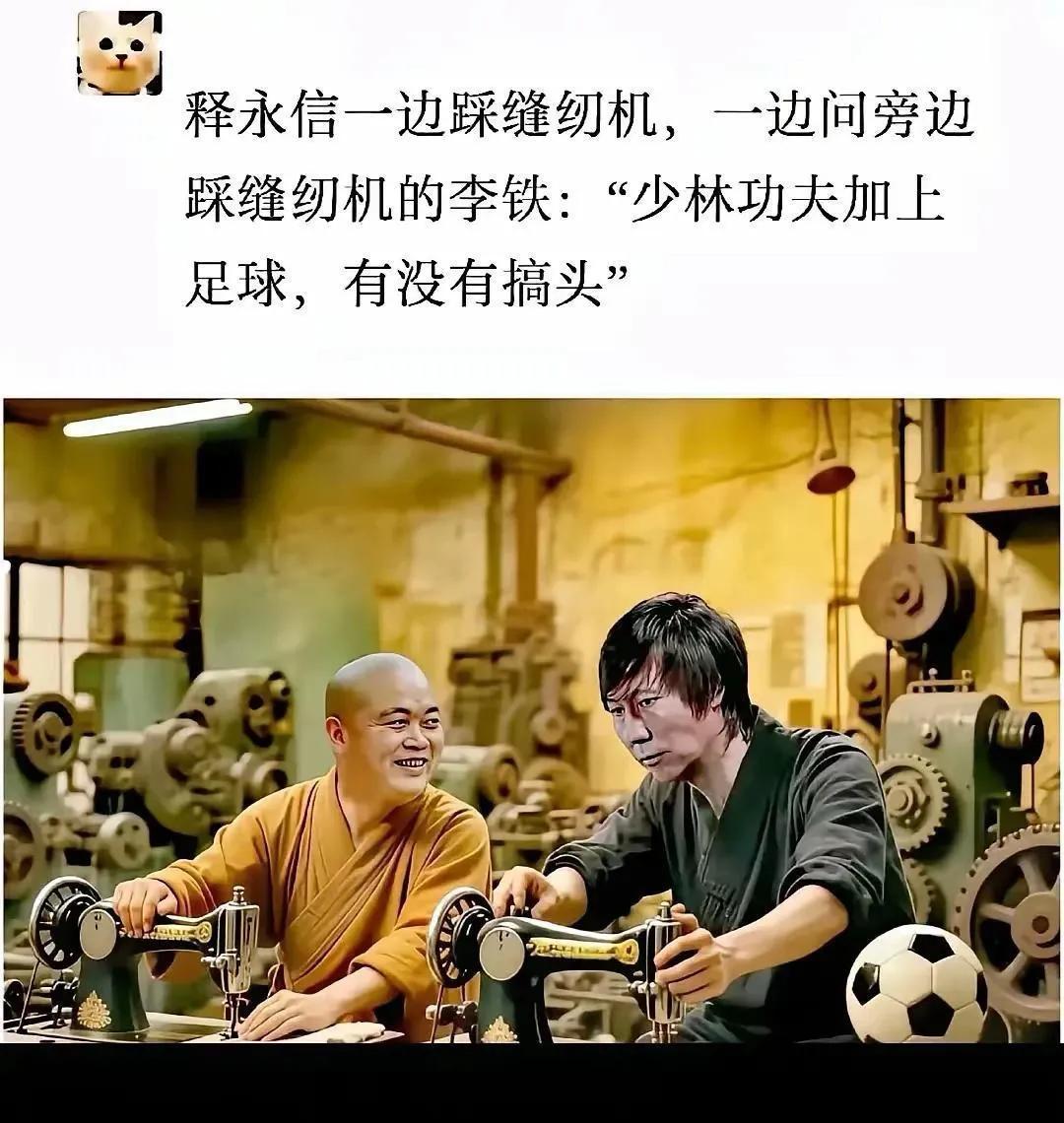 信信和铁铁一起踩缝纫机

信信问铁铁功夫加足球有没有搞头？

铁铁说没有金元的足