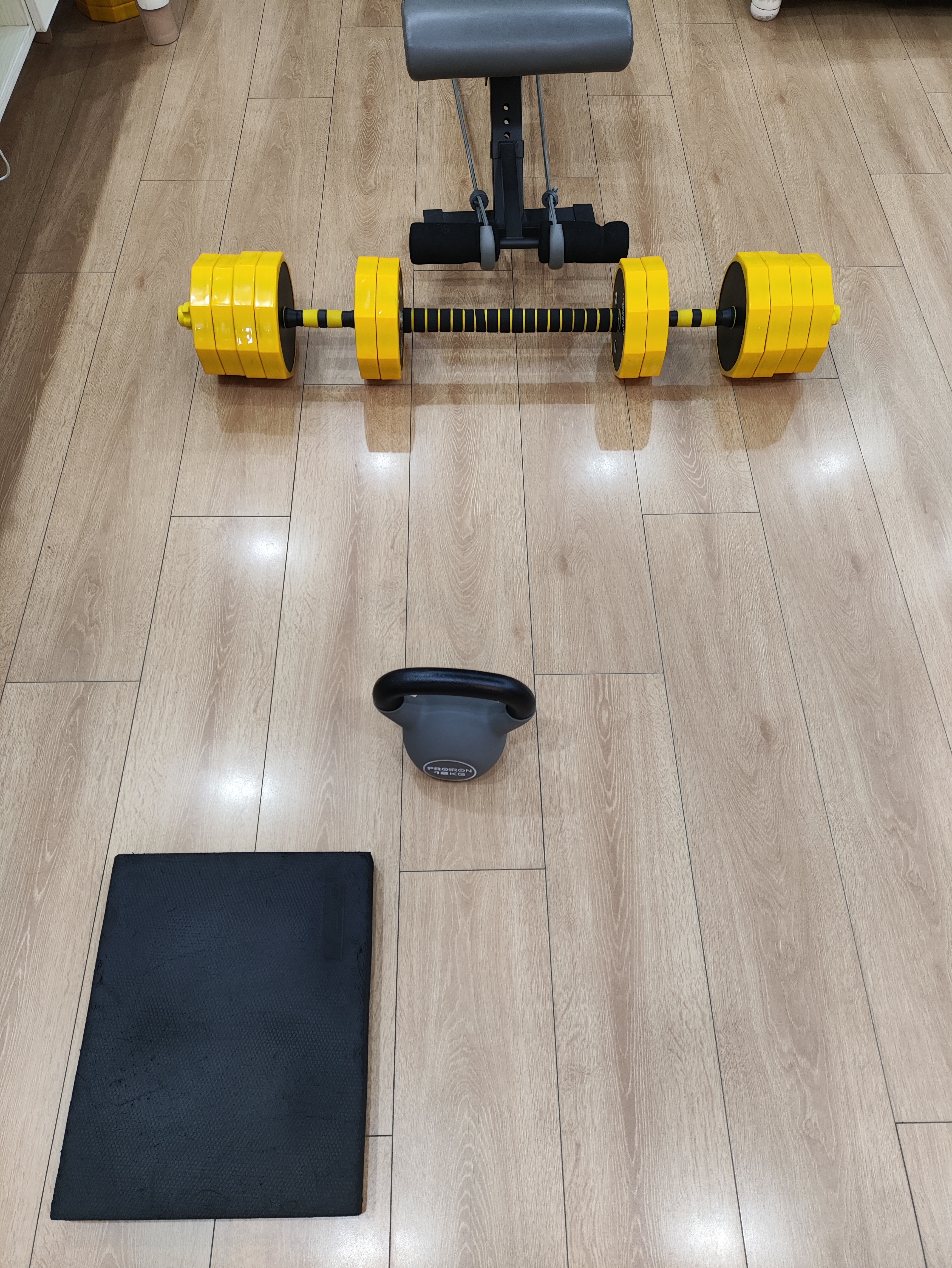 31公斤杠铃卧推5组105，哑铃凳弹力绳蹬腿左右各3组63，12公斤壶铃深蹲2组