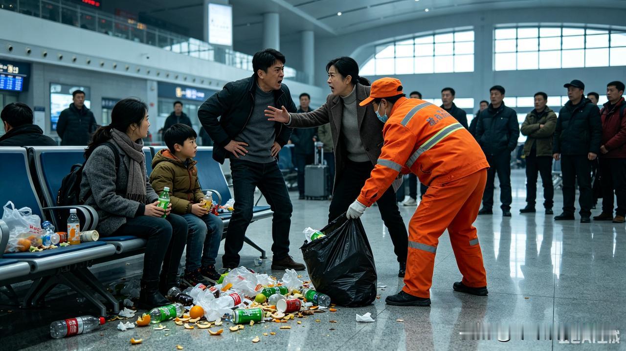一段高铁候车厅视频让全网揪心：一家三口将垃圾随意丢弃在座位旁，保洁人员上前劝导时