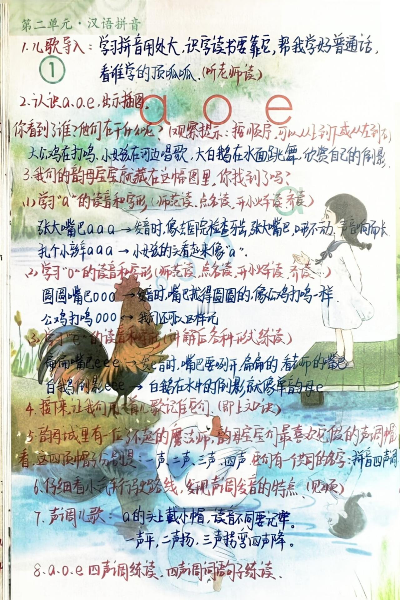 一年级上册语文，第二单元汉语拼音《a o e》《i u ü》课堂笔记，收藏备用