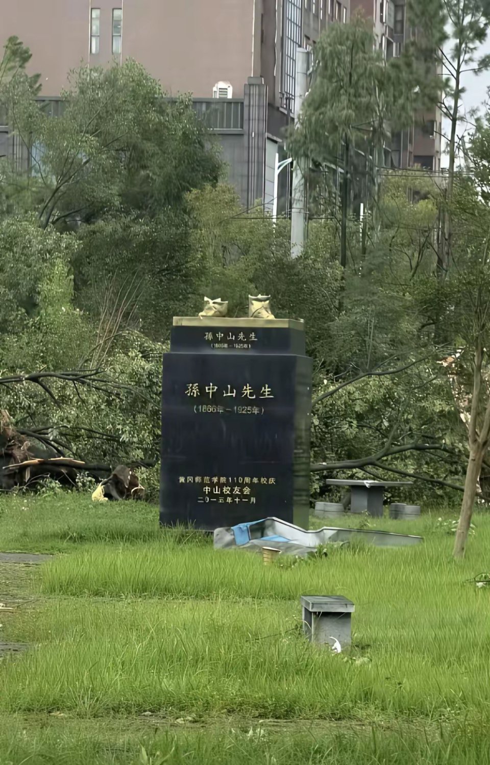 湖北黄冈的龙卷风太大了！不但把黄冈师范学院的大树连根拔起…就连孙中山先生…也走了