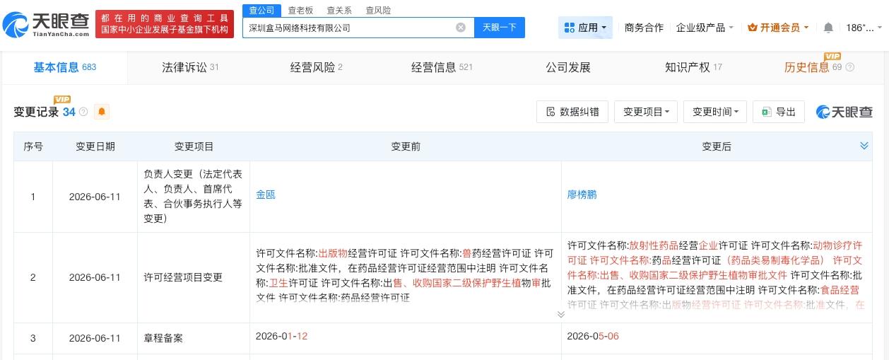 深圳盒马变更负责人

天眼查 App 显示，近日，深圳盒马网络科技有限公司发生工