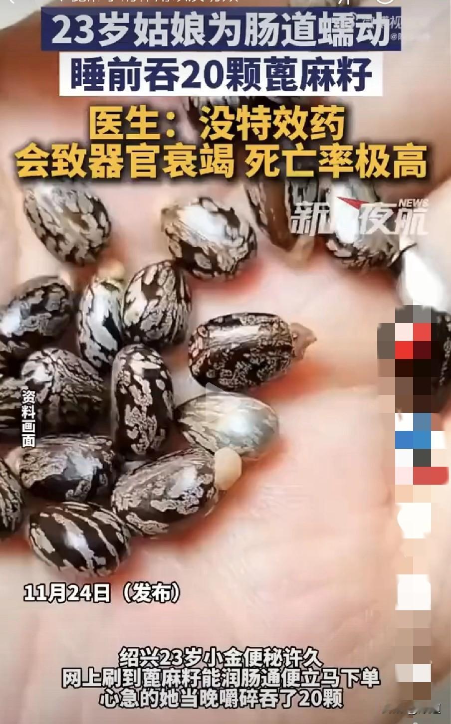 蓖麻这玩意真有毒啊。
24日，小金姑娘由于便秘，于是上网寻求帮助。
当得知蓖麻子