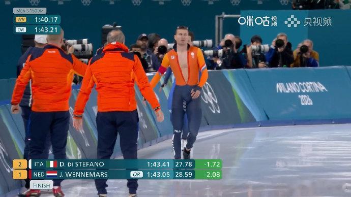 文内马斯打破1500米奥运纪录米兰冬奥会速度滑冰男子1500米决赛，荷兰选手文内