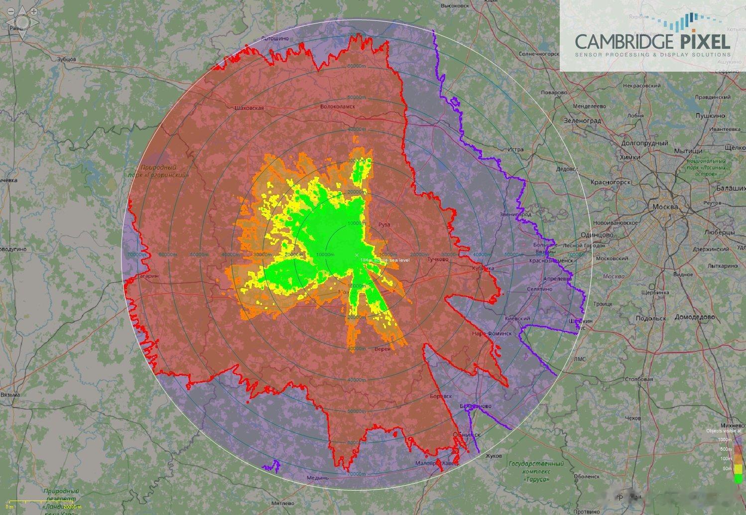 俄罗斯铠甲防空和雷达覆盖范围，颜色代表不同的高度，绿色30米，黄色50米、橙色1