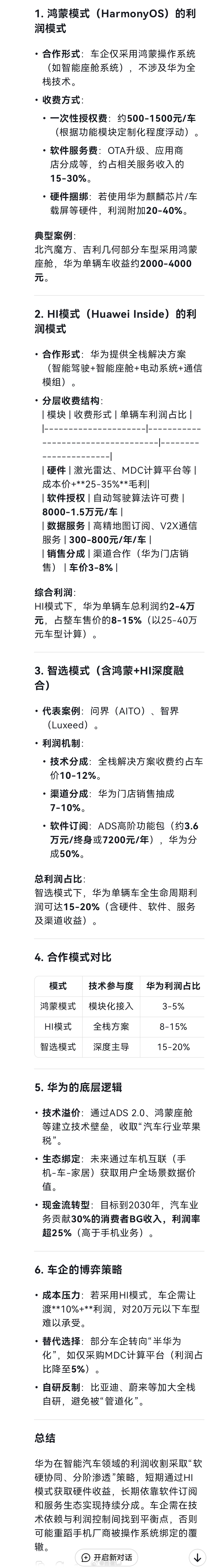 AI给出的，华为与车企合作的不同模式的利润占比：| 鸿蒙模式   | 模块化接入