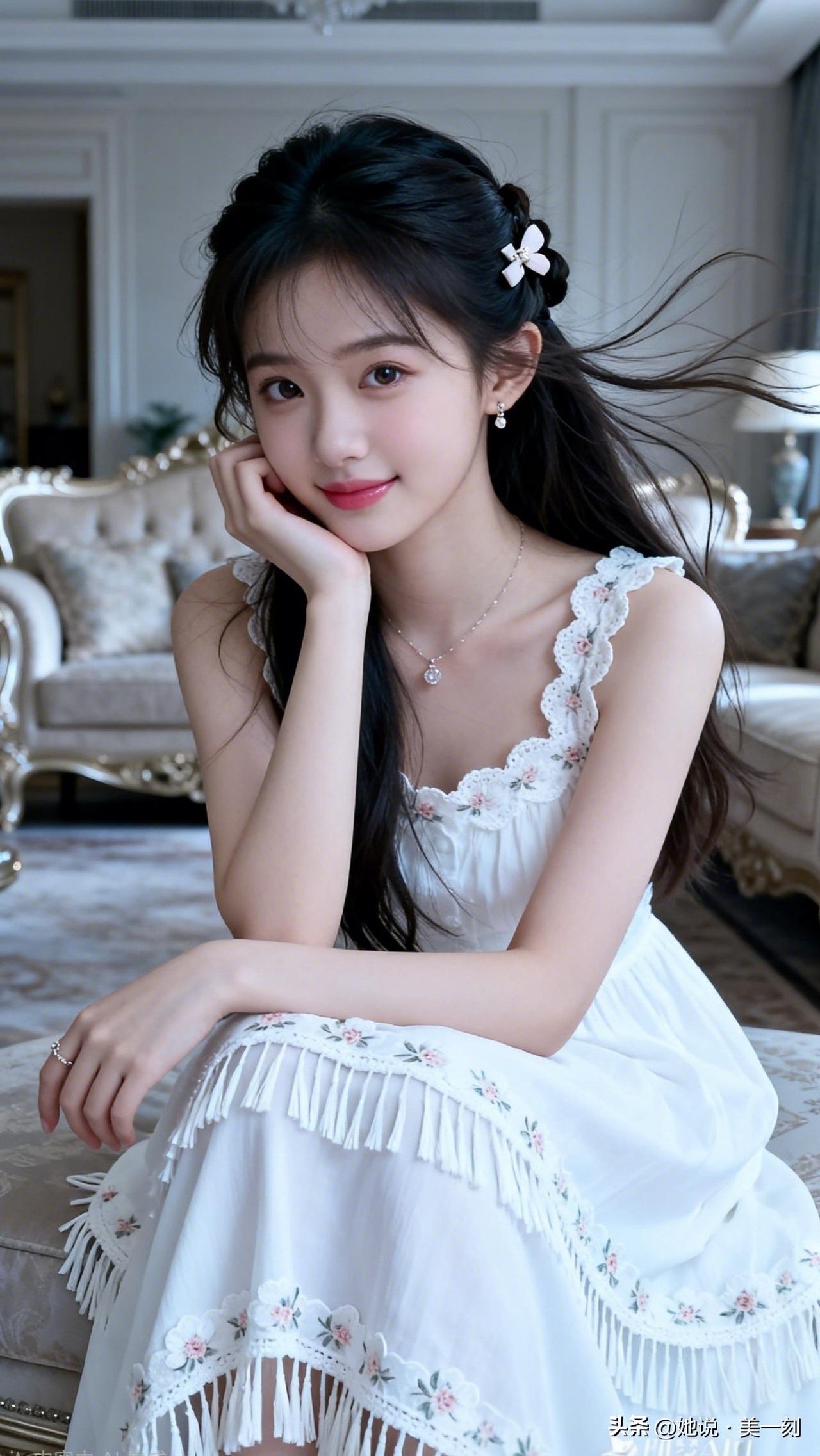 优雅少女风，白色蕾丝裙，甜美笑容，精致发饰，梦幻室内背景。