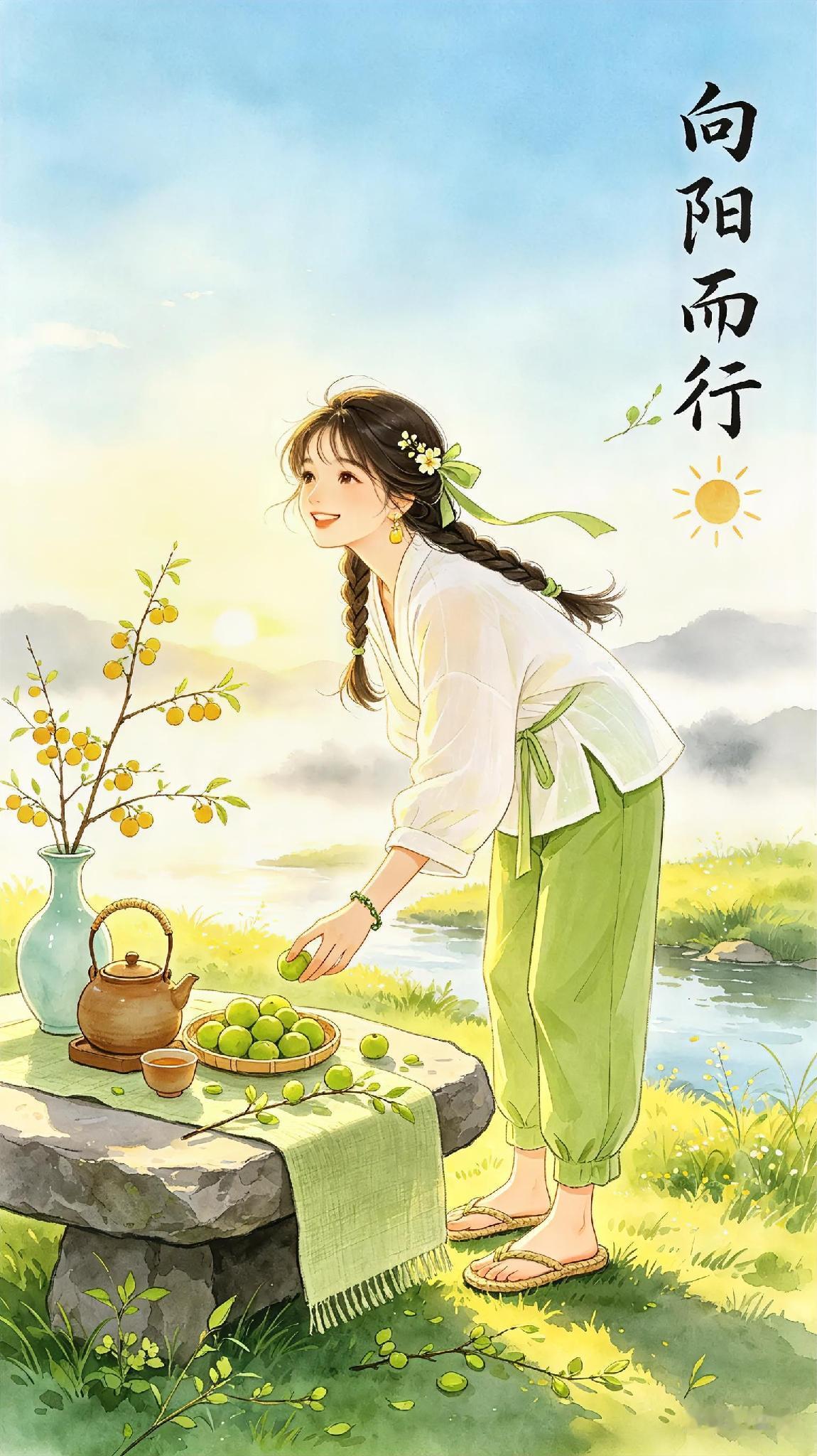 画中的美女优雅娴静，线条流畅自然，色彩柔和协调，给人一种高贵、神秘的感觉。

她