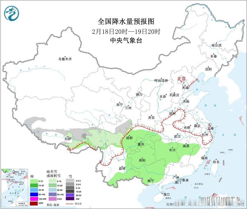 【雨雪】昨晚到今天，青海东南部到河南北部一带，出现降雪。湖北等地出现对流降雨，包