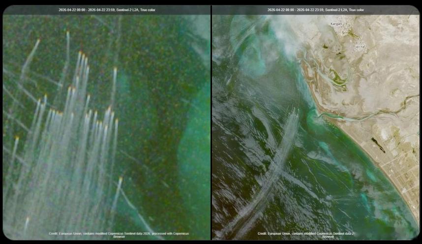 在美伊停火谈判出现僵局的情况下，卫星图像显示，昨天霍尔木兹海峡似乎出现了一条由伊