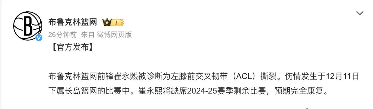 12月14日报道，篮网近日官方宣布表示，崔永熙被诊断为左膝前十字韧带撕裂，赛季报