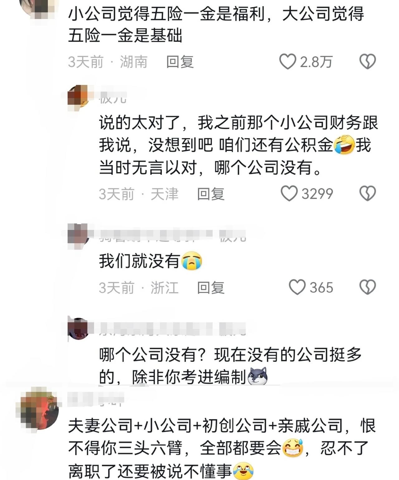 正常的五险以及双休却被当成福利待遇，一个人干四五个人的活，网友们总结出小公司留不