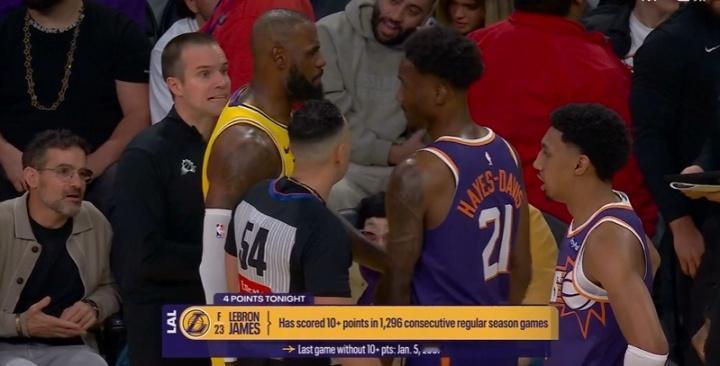 在湖人主场对太阳的比赛中，字幕君提示观众，上一次詹姆斯得分没上双，还要追溯到20