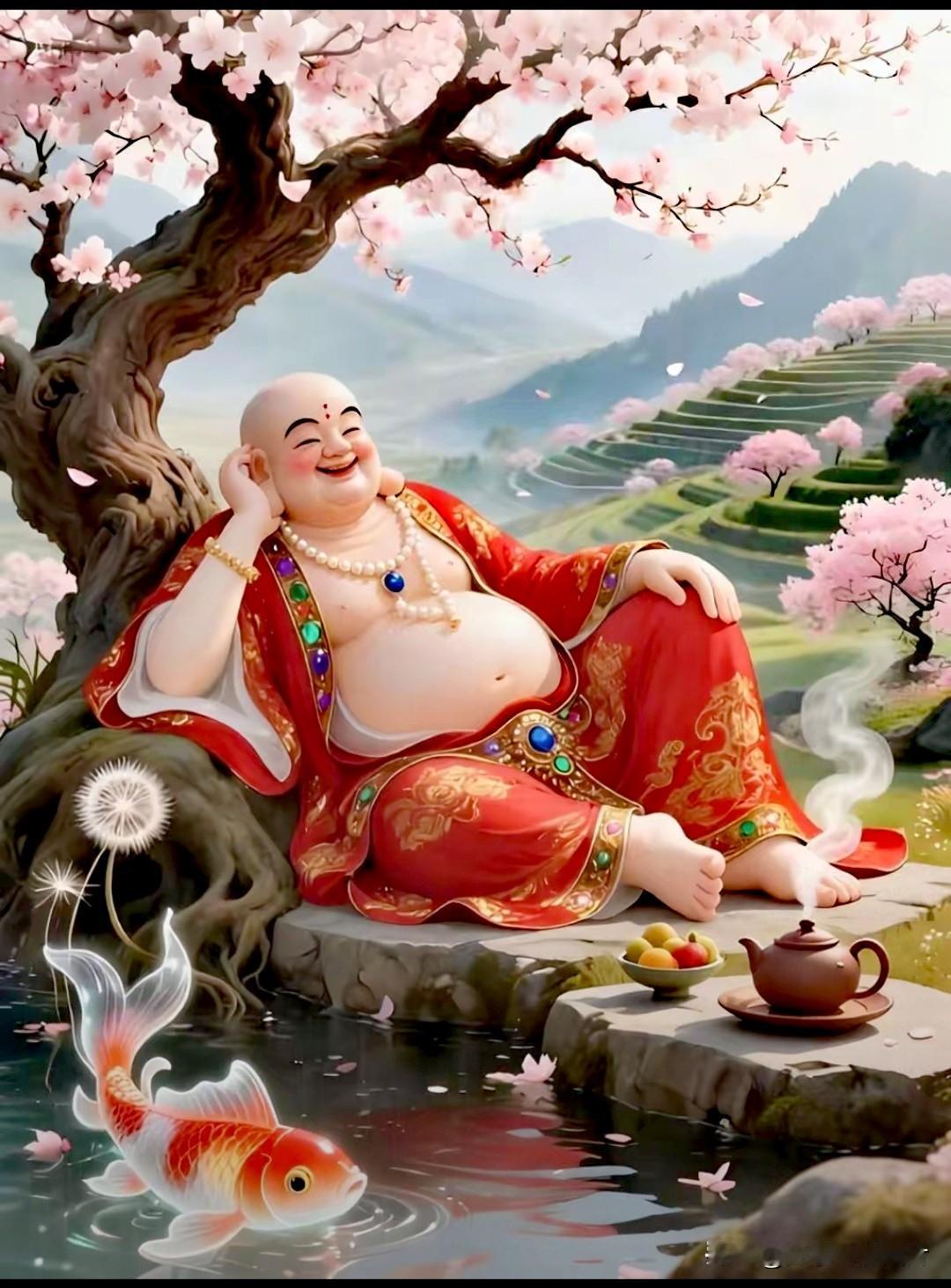 笑口常开消俗虑，
大肚能容纳万福。