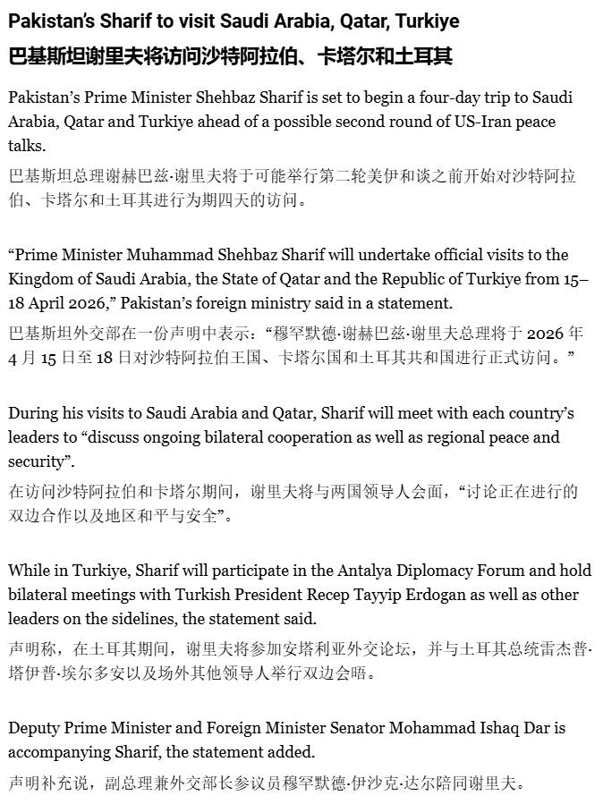 撮合美伊这件事，巴基斯坦真的拼。

4月14日，伊斯兰堡。
总统扎尔达里当面表态