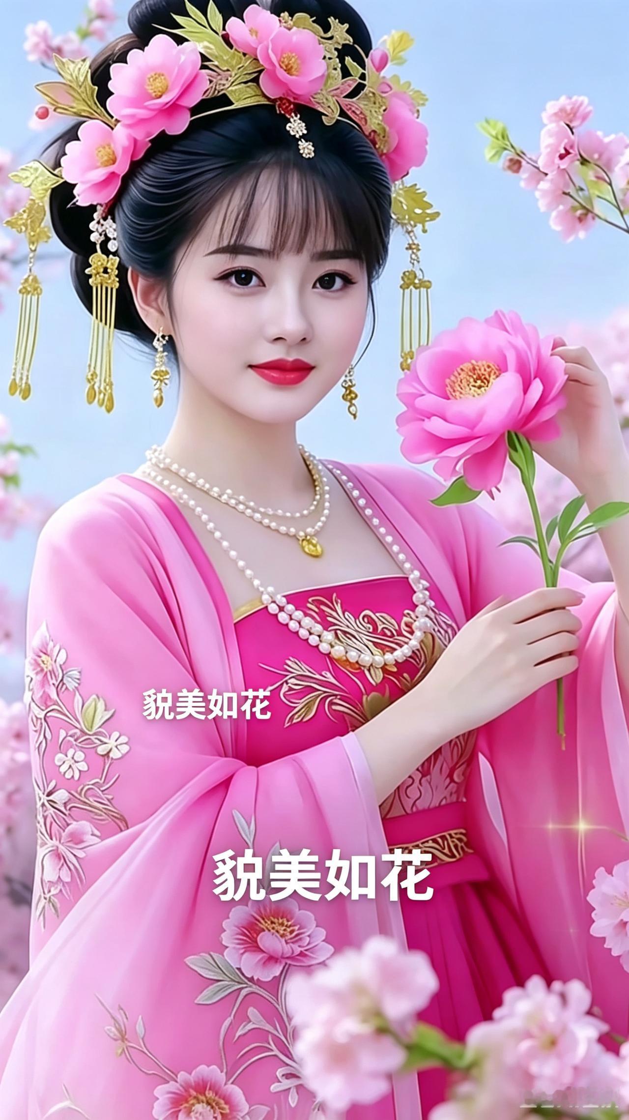 古风美人
粉裳飘飘姿容妙，
牡丹簪于发髻梢。
珍珠项链垂颈绕，
金坠耳环摇且飘。