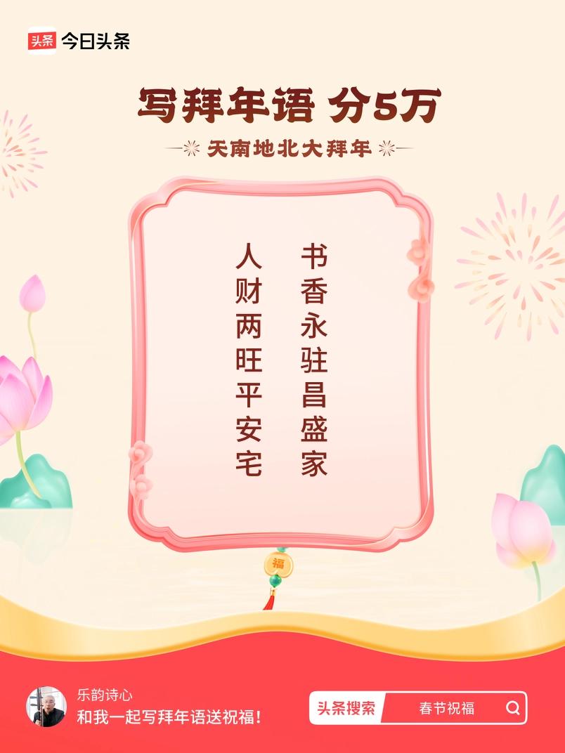 写拜年语送祝福新春拜年送祝福！我的祝福是：“人财两旺平安宅，书香永驻昌盛家”！快