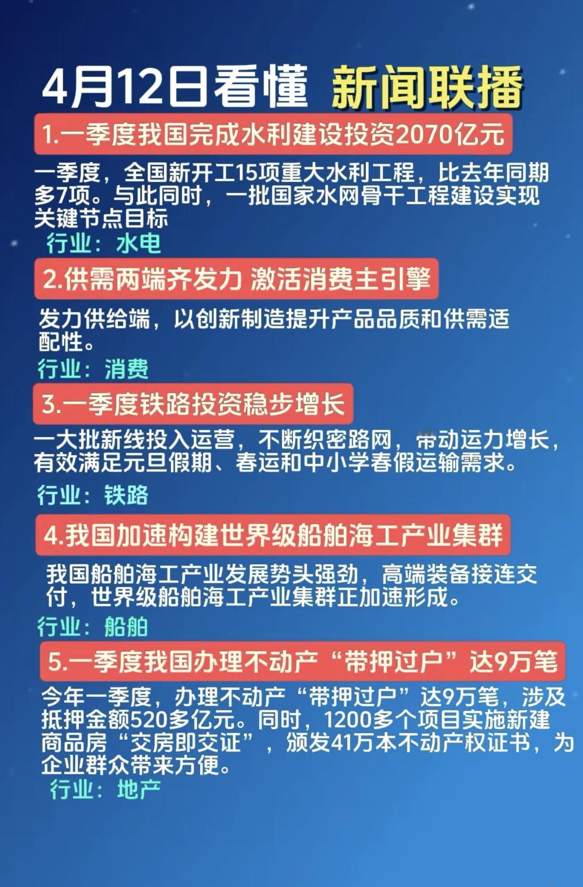4.13周一  最新：新闻联播里的投资机会

1.水利基建，水电
2.大消费
3