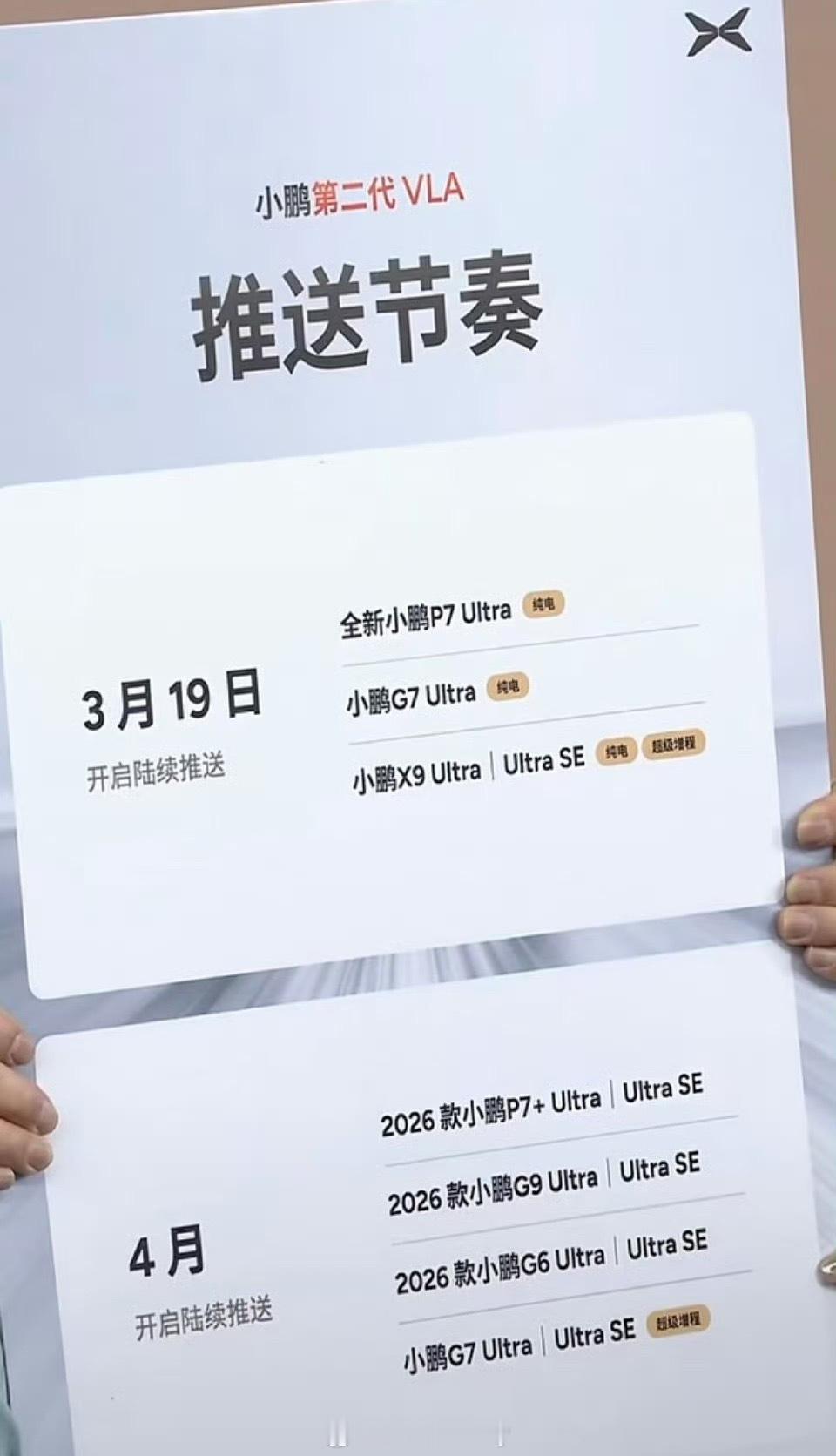 看了一下小鹏二代VLA的推送时间3月19日开始首批是全新P7，G7 Ultra纯