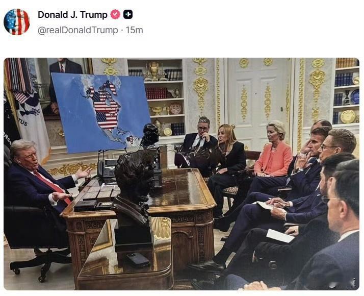 特朗普双图放话：星条旗要插遍北美与北极……特朗普连发两图高调造势，一张旧照里他在