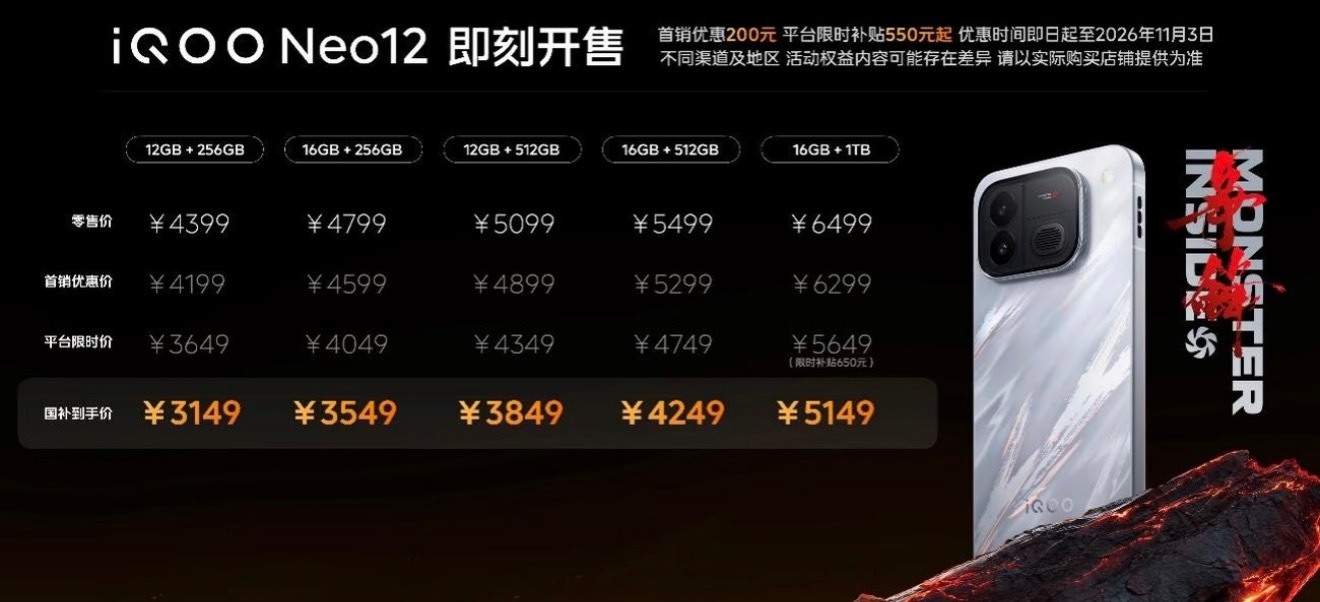 iQOO Neo12定位很讨巧，下放上代旗舰芯片，性能拉满同时价格亲民，和数字系