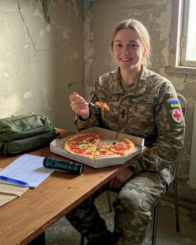 乌克兰的医疗队员，这吃的伙食可以啊，在前线上还能吃上披萨。估计这补贴也很高。