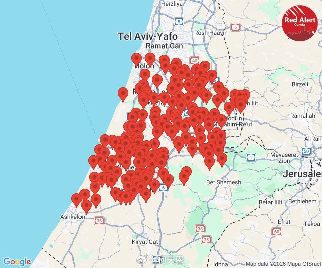 以色列中部地区收到警报，因伊朗继续向其发射了大规模弹道导弹袭击。普京提建议后特朗