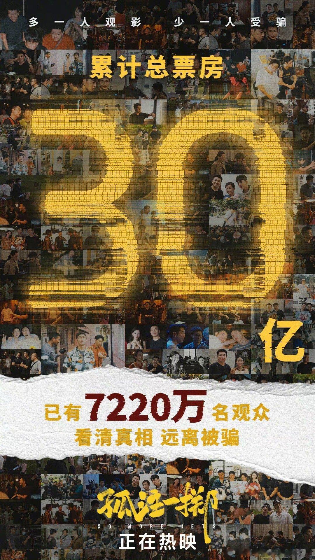 #孤注一掷票房破30亿# 影片《孤注一掷》票房突破30亿，成为中国影史第19部3
