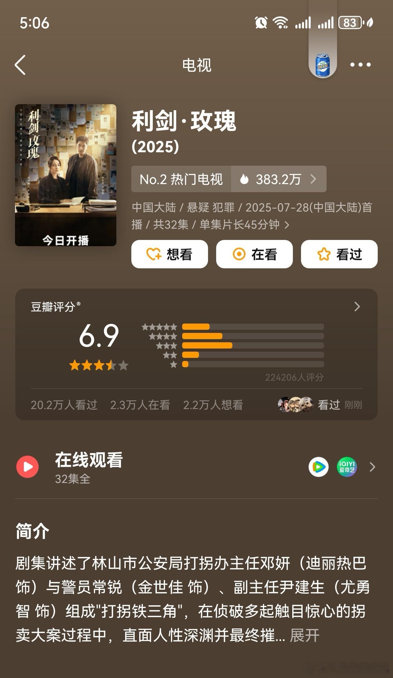 利剑玫瑰豆瓣开分6.9，有点低了，这部剧口碑不错，打分人数22万，蛮多的。 ​​