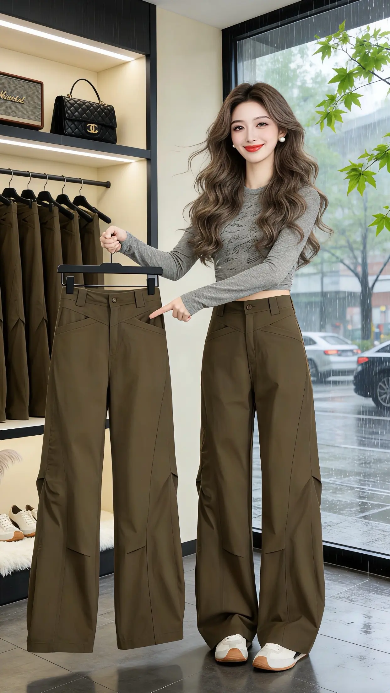 修饰腿型的裤子 军绿高腰阔腿裤 女生工装直筒裤 穿出自己的风格 春款上新