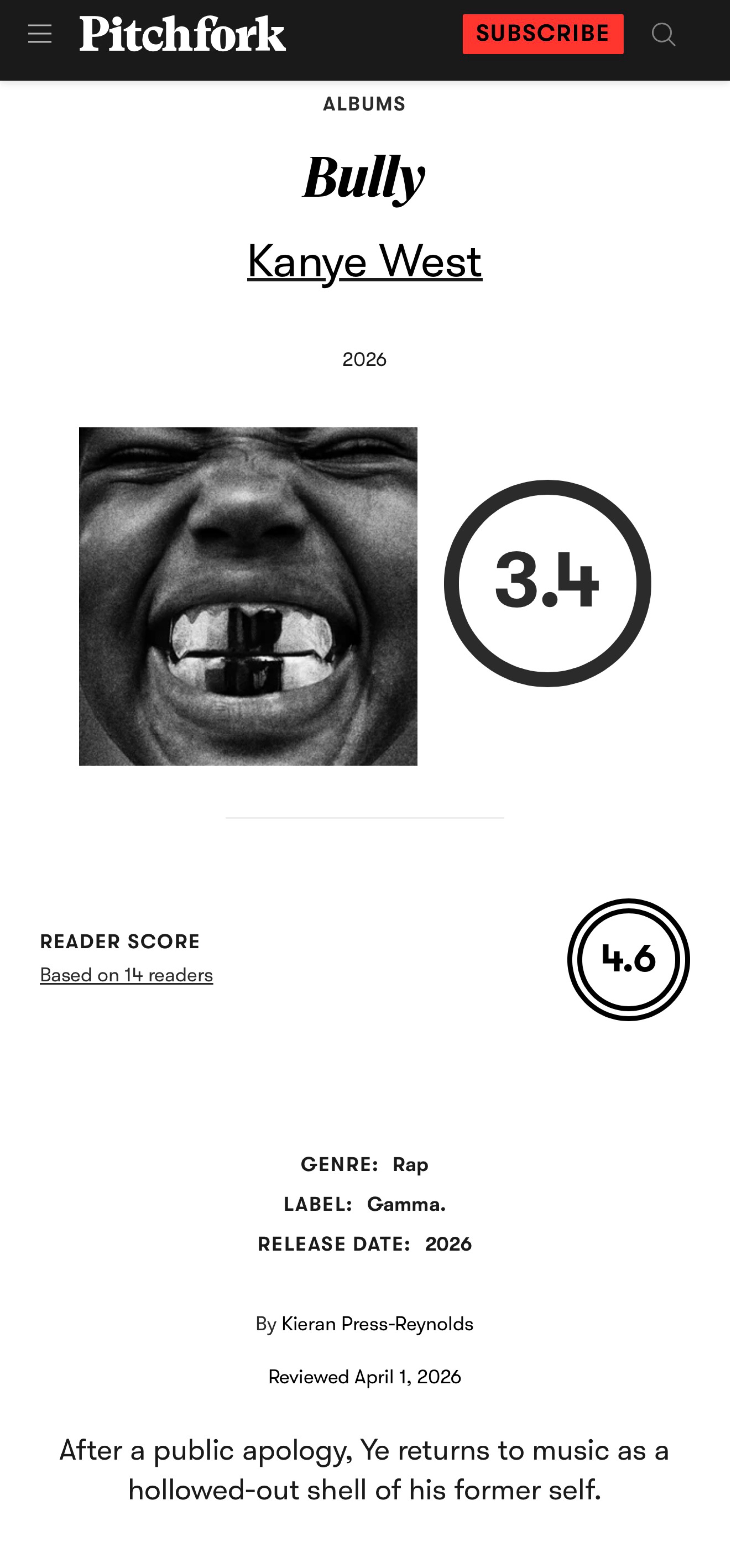 婊叉Pitchfork给侃爷Kanye West新专辑《BULLY》打出3.4分