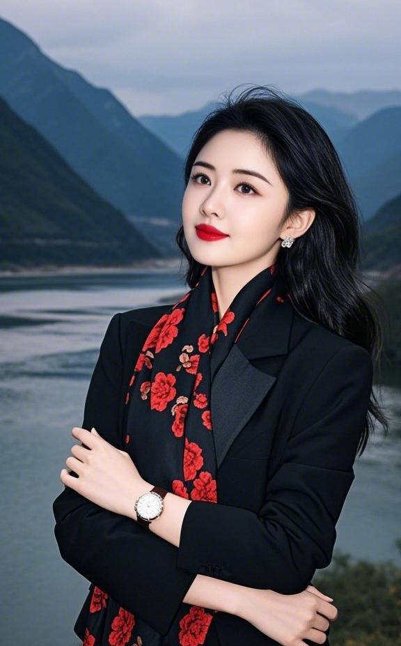 上联：黑衫裹岸，红巾绽蕊缠风软
下联：翠水衔山，笑靥凝光衬腕清