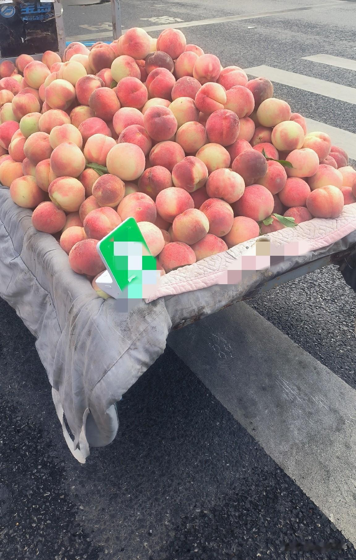 雨中保定廉良街：卖桃摊主的淡定，和五个四斤的大桃子。

昨天下午，雨中路过廉良街