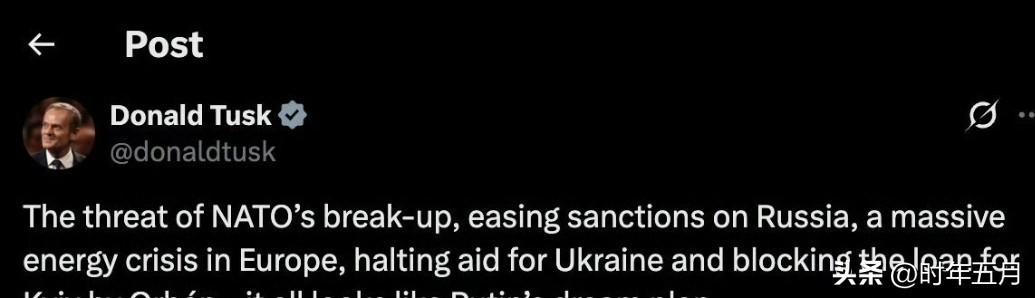 波兰总理图斯克说：

"北约要散架的危险、放松对俄罗斯的制裁、欧洲闹能源危机、断