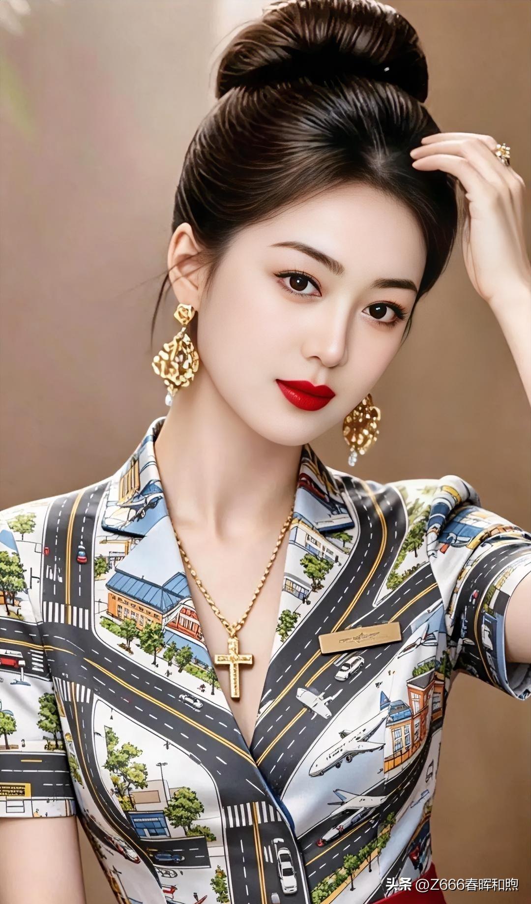 云鬓高挽，露出修长颈线。金饰璀璨，红唇明艳，满身印花如行走的风景，将优雅与从容，