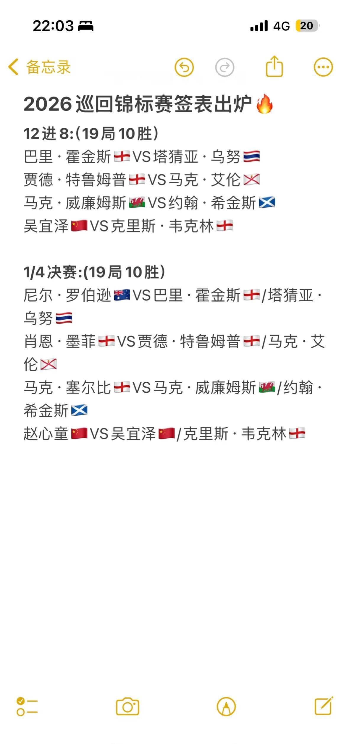 2026巡回锦标赛签表出炉🔥。世界公开赛决赛：塔猜亚10-7击败奥沙利文夺冠，