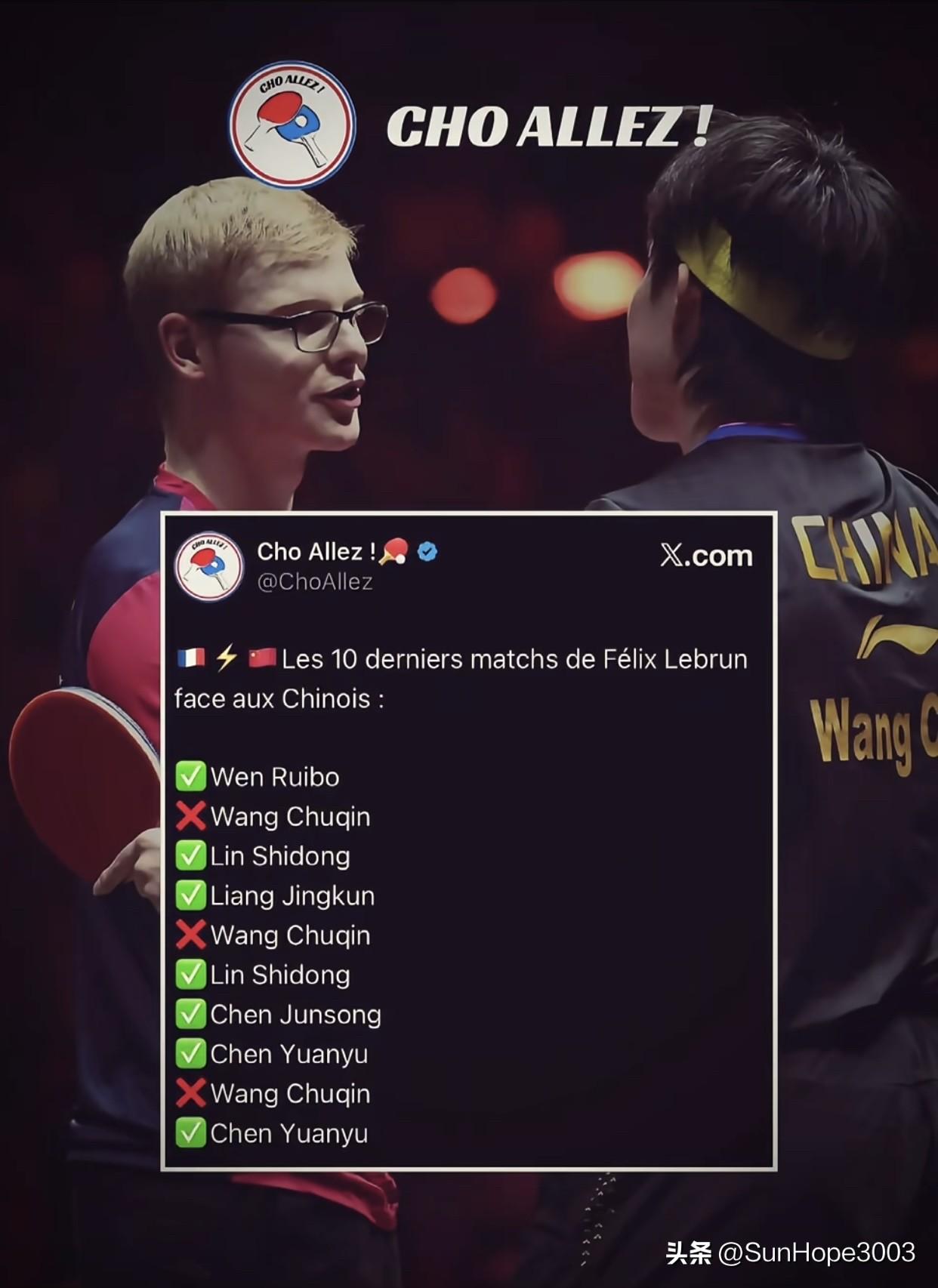 法媒报道，重庆之后只有王楚钦可以阻挡勒布伦。

勒布伦战胜温瑞博，夺得重庆冠军赛