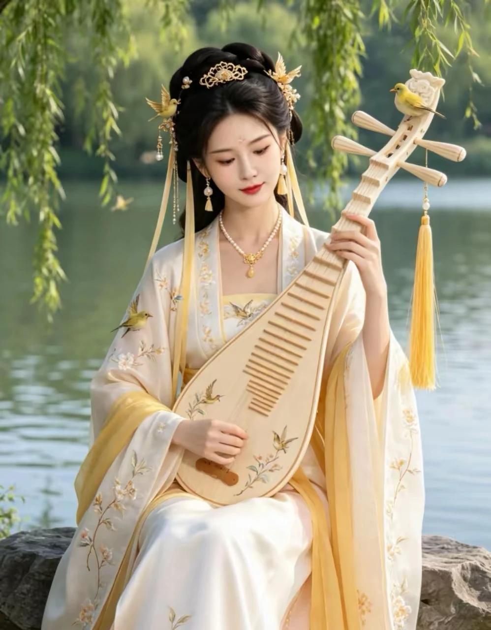 以画应联
疏廊映水，满榭蝉声消俗虑
琵琶悠扬，天籁之音心舒畅