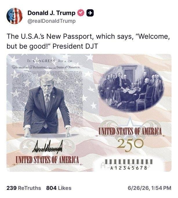 特朗普刚刚在Truth Social上公布了新版限量美国护照内页设计。他的官方肖