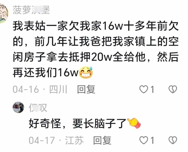 网友：我表姑一家欠我家16w，十多年前欠的，前几年让我爸把我家镇上的空闲房子拿去