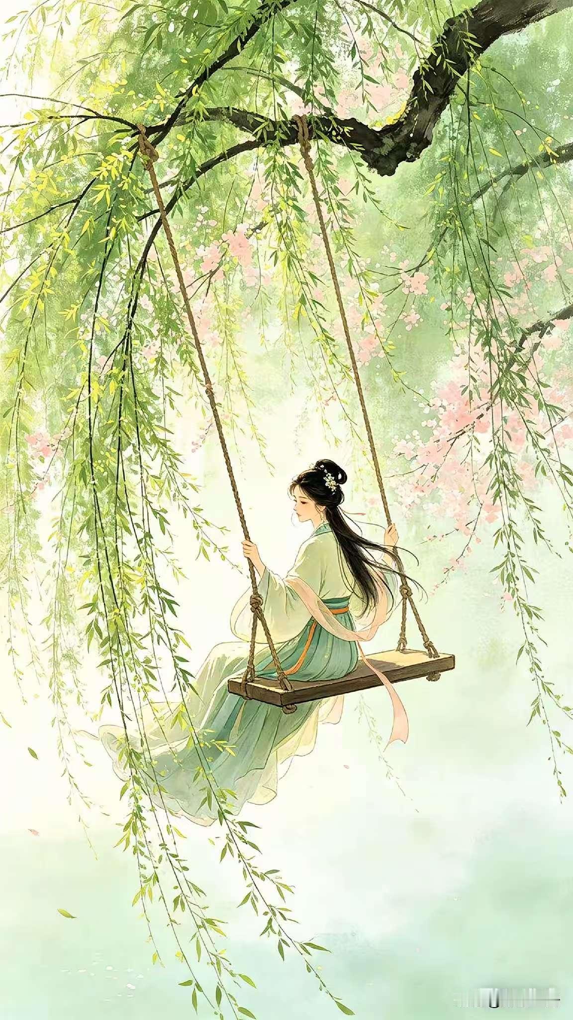 天净沙·秋千
桃腮浅晕唇红，
嫩柔柳色戏风。
飞燕身姿舞动，
倩影凌空，
笑声飞