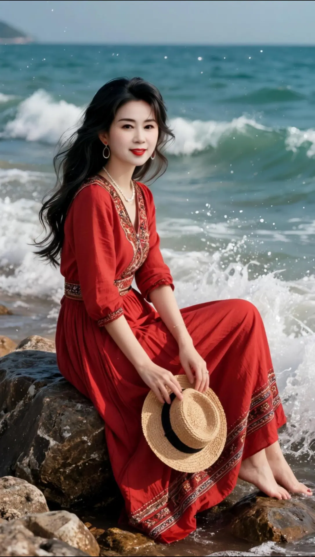 AI海滨红裙照 随变ai随便玩