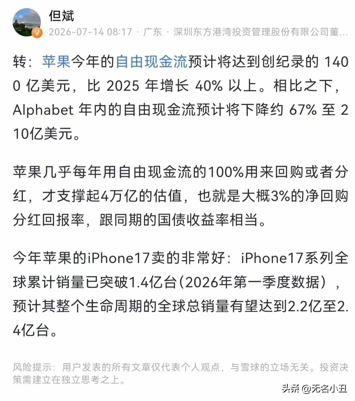 苹果股价创历史新高。
26年自由现金流预计达1400亿美元，
同比2025财年增