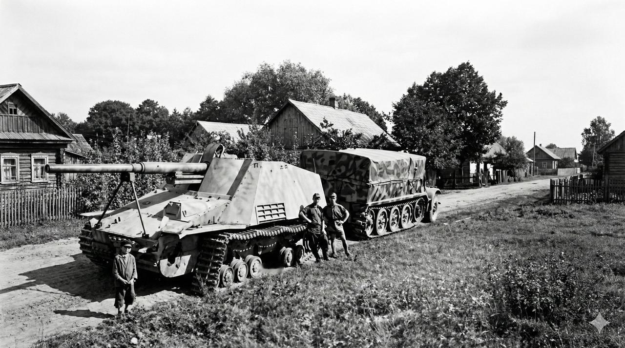 这张照片中瘫卧在荒野的钢铁残骸，是德军代号“犀牛”的88毫米坦克歼击车。其敞开式