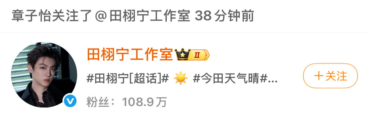 章子怡关注田栩宁工作室 何意味啊？ 