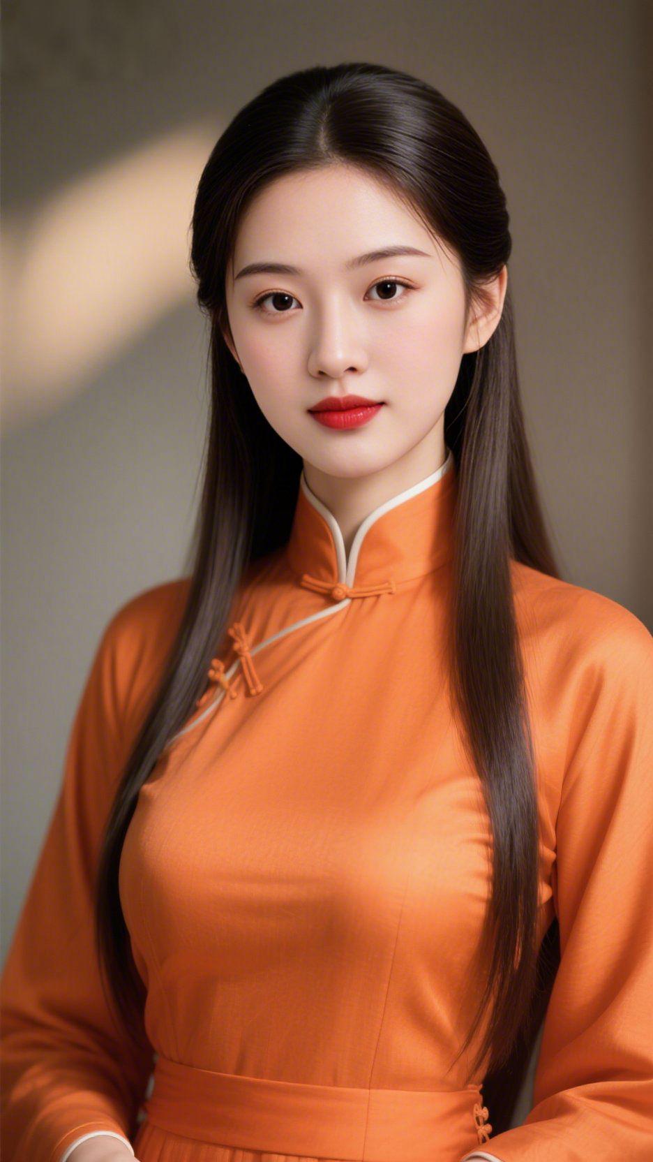 《橘襟里的雅柔》
 
橘色旗袍裹着缎面的暖，像把秋阳的柔光织进衣料，领口盘扣缀着