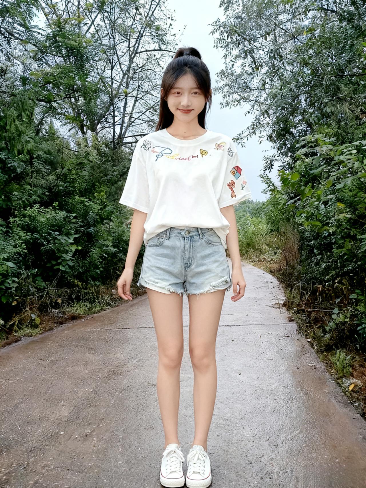 林深遮暑气，路曲绕芳丛。
白衫沾雨露，乌丝摇湿风。
笑凝花影里，步踏绿阴中。
心