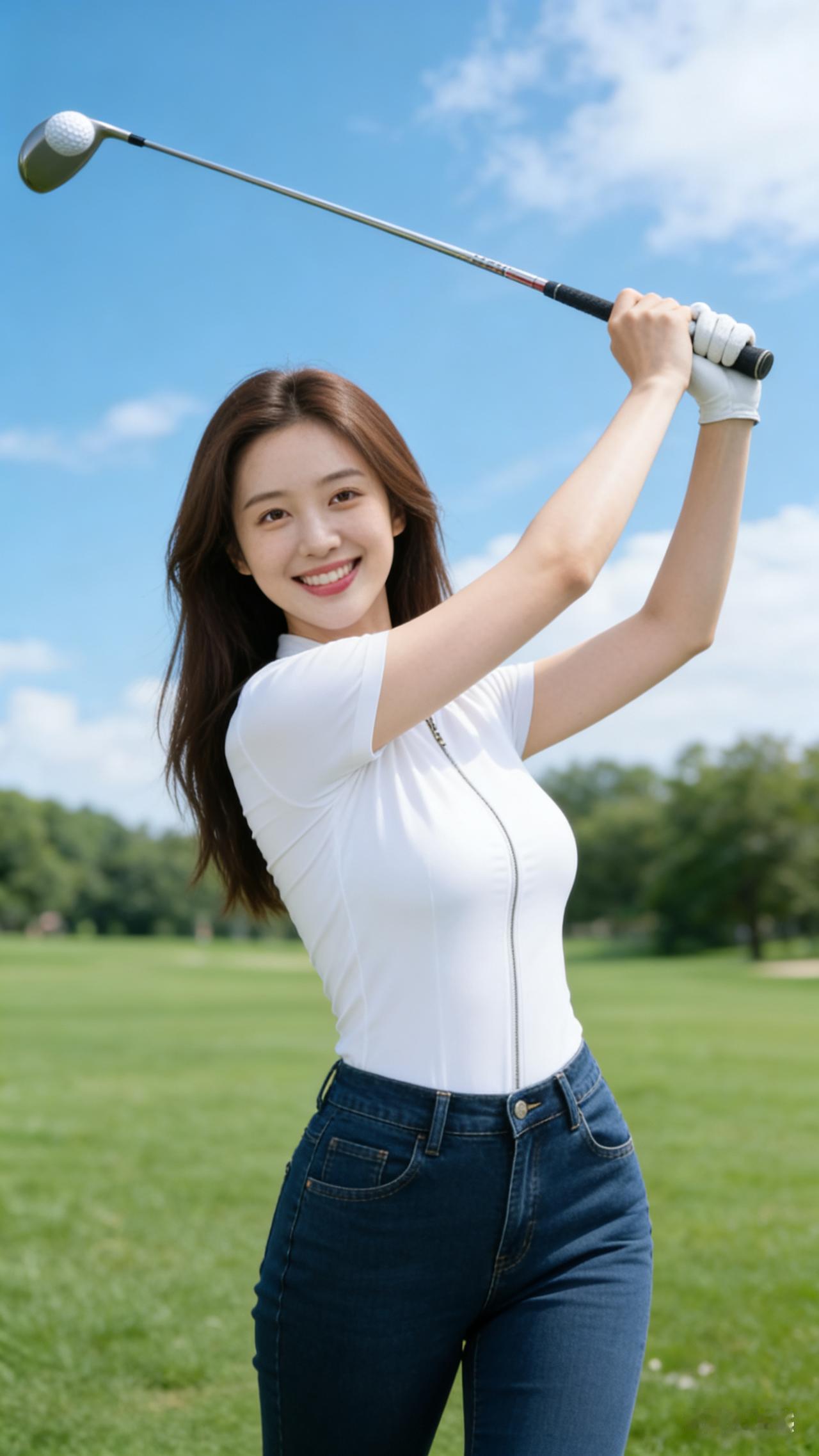 看到一位女生在打高尔夫球，笑容还那么灿烂，瞬间被这画面治愈了。打高尔夫的女生好像